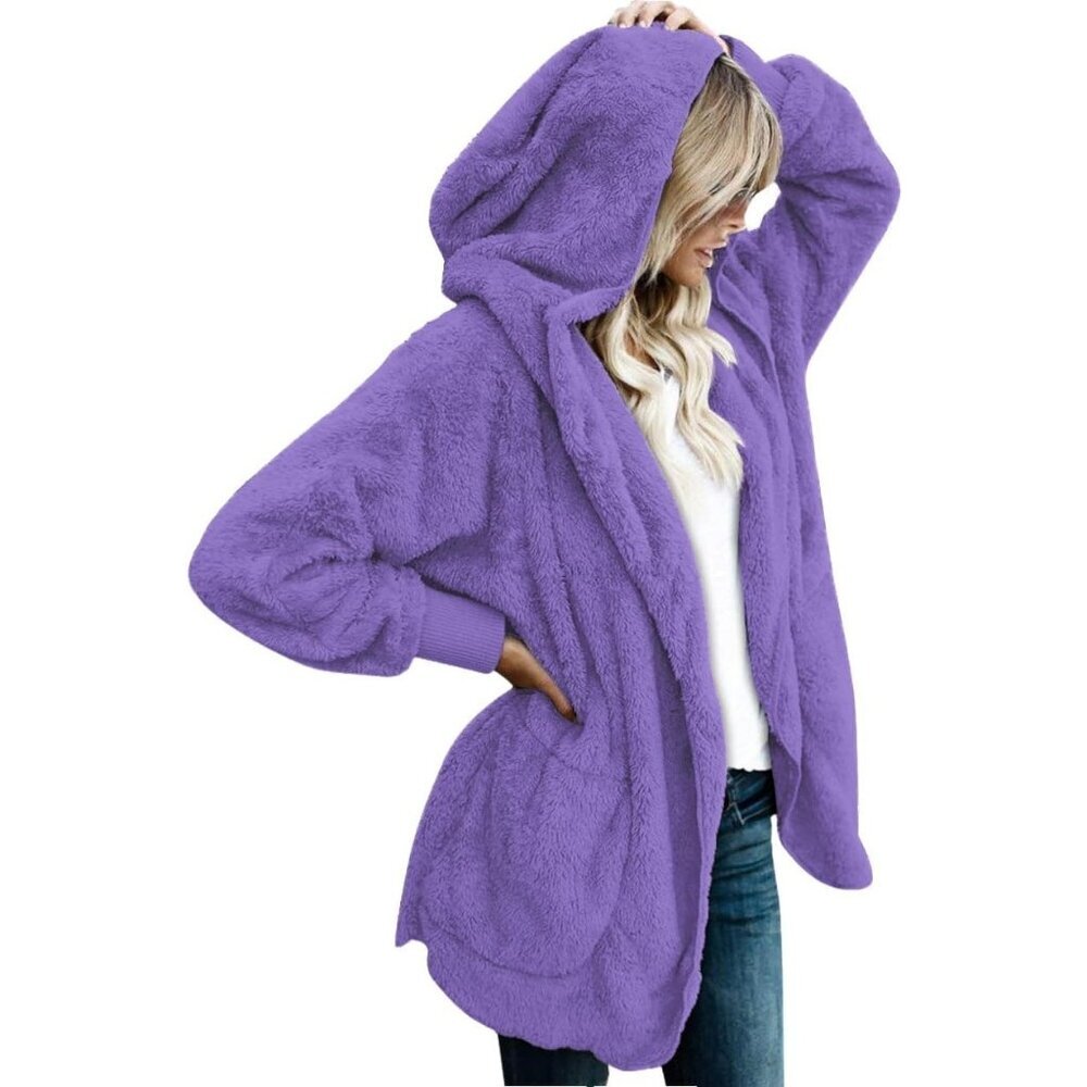 Women's Purple Open Front Sherpa Vest Jacket Coat Hooded Fleece Fuzzy Sweater